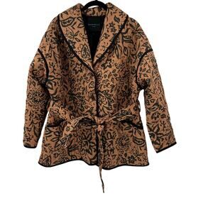 NWT Bagatelle tan and green botanical quilted tie belted jacket